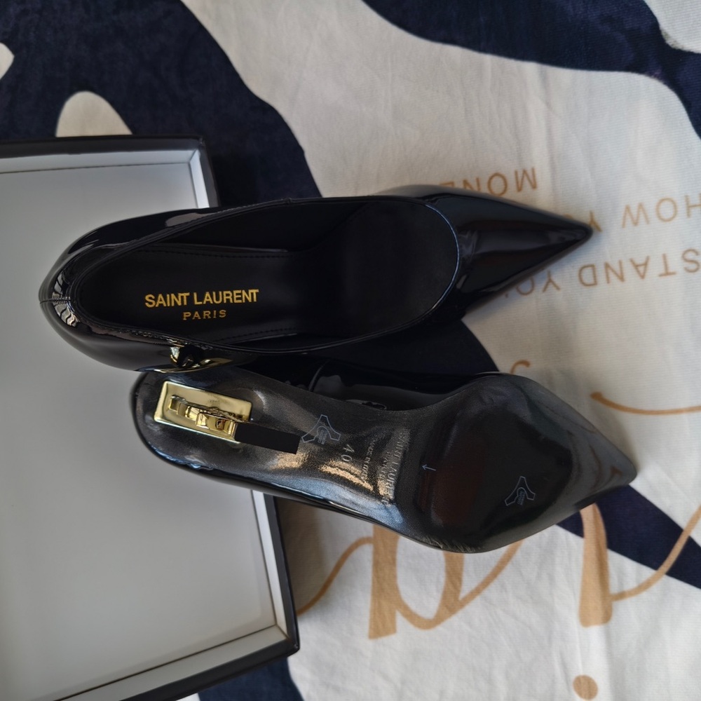 Saint Laurent Black Patent Pointed-Toe Heels with Gold YSL Logo Heel - Picture 12 of 12